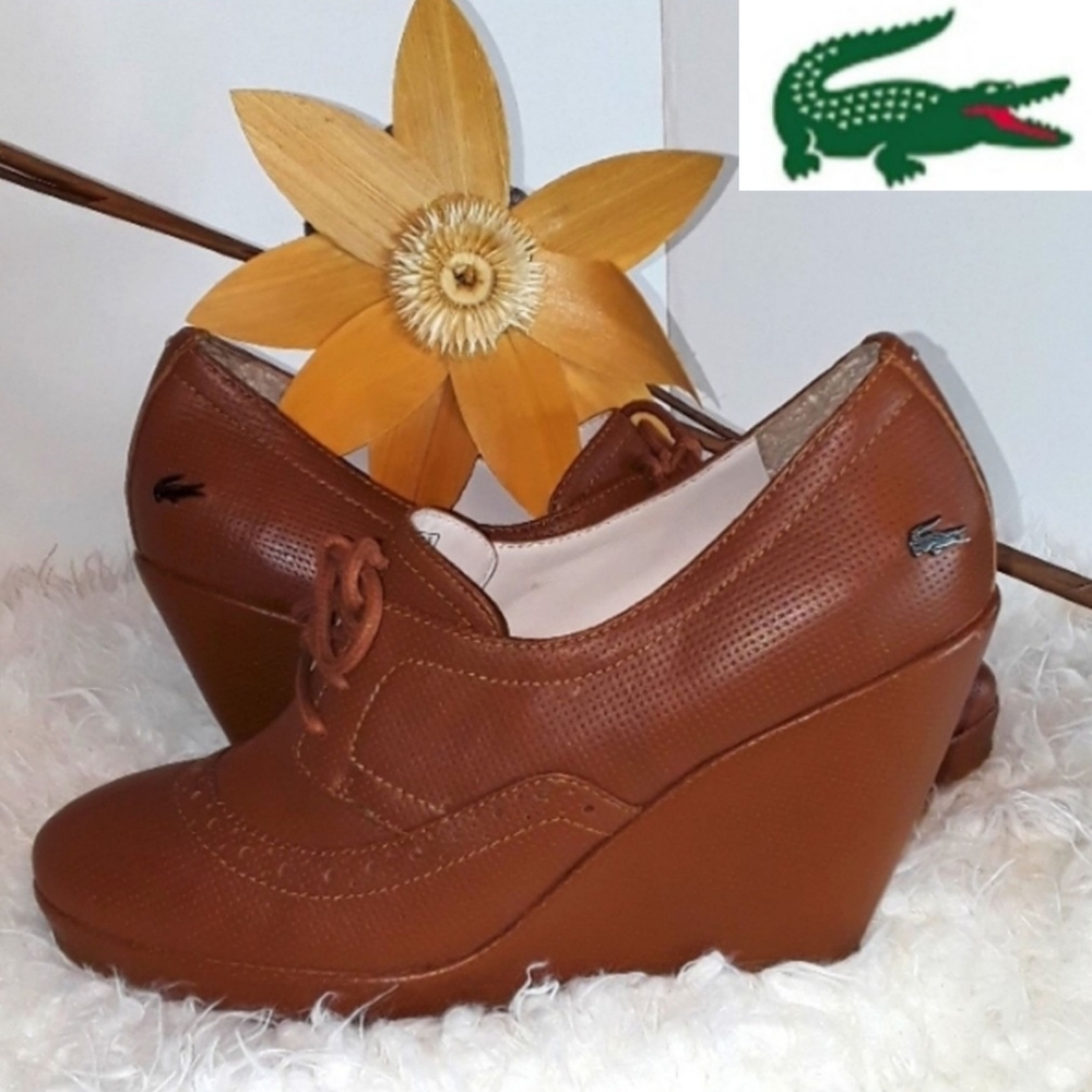 🐊Lacoste Paris Brown Leather Wedge Shoes. Women's Size: 7.5 - Picture 11 of 13